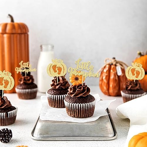 Ephlyn 24Pcs Little Pumpkin Cupcake Toppers Glitter Pumpkin Cupcake Picks Little Pumpkin Baby Shower Decorations Fall Harvest Theme Baby Shower Kids Birthday Party Supplies Gold - Image 6