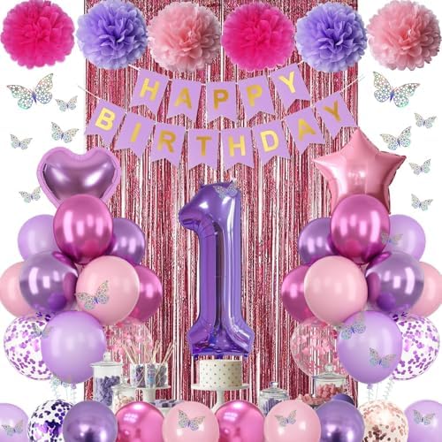 Pink Purple 1st Birthday Party Decoration for Girls Number 1 Princess Decor - Image 2