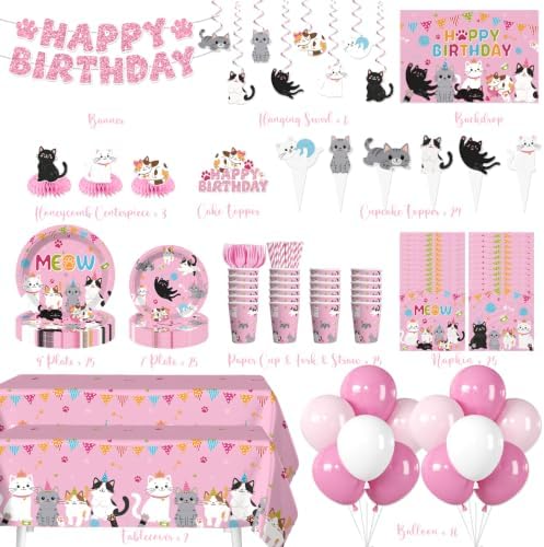 214Pcs Cat Birthday Decorations Tableware Set, 25 Serves - Image 2