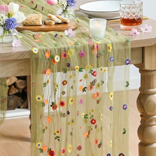 Artoid Mode Green Embroidery Daisy Gauze Table Runner 59x120 Inch 10FT by ArtoidMode