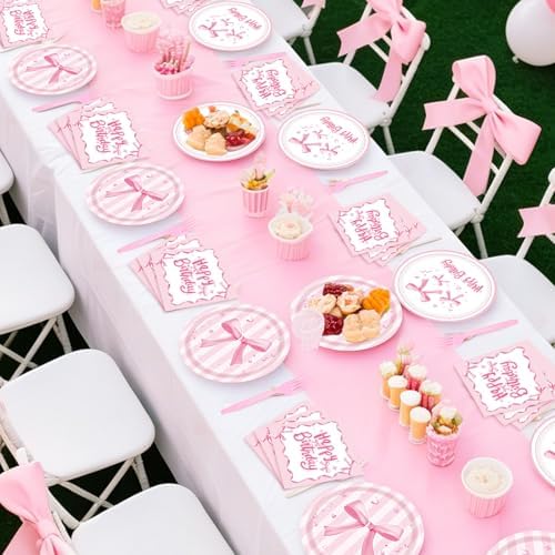 REDWORD Pink Bow Birthday Decorations, 96Pcs Bow Party Tableware Plates Napkins Forks for Pink Birthday Girls Bachelorette Party Decorations-Serves 24 - Image 6