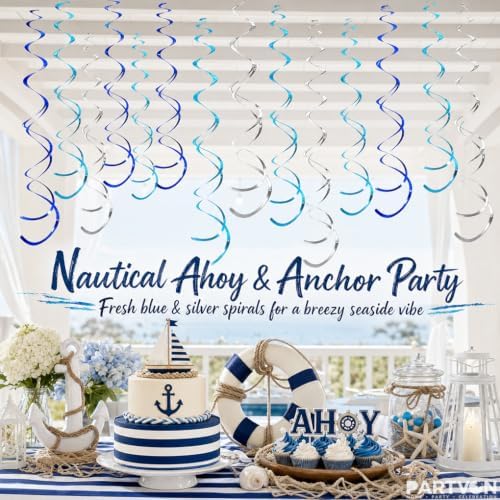 32 PCS Blue Lake Blue Silver Hanging Swirl Decorations, Sparkle Ceiling Swirls with Plastic Streamers for Graduation, Birthday, Wedding, Ocean Theme, Baby Shower, Winter, New Year - Image 3
