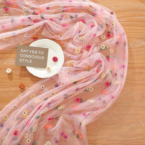 Pink Embroidery Daisy Fall Table Runner 10ft Florals Seasonal Tulle Table Runner Holiday Kitchen Dining Table Decoration for Home Party Indoor - Image 6