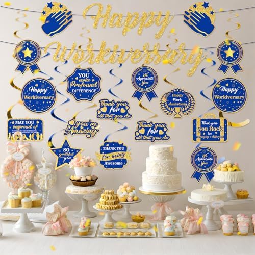 Blue Happy Work Anniversary Decorations Banner Navy Blue Gold Glitter Happy Workiversary Banner Office Anniversary Party Hanging Swirls Banner for Employee Worker Office Party Decor Supplies - Image 4