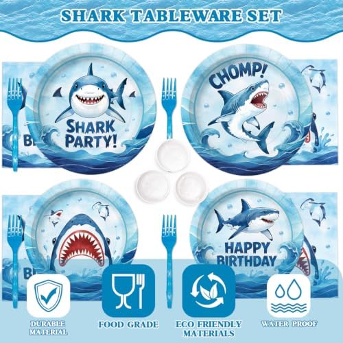 182 Pcs Shark Birthday Party Decorations (Serves 24), Shark Party Decorations Include Banner Hanging Plates Napkins Cups Forks Tablecloth Topper Balloons for Party - Image 4