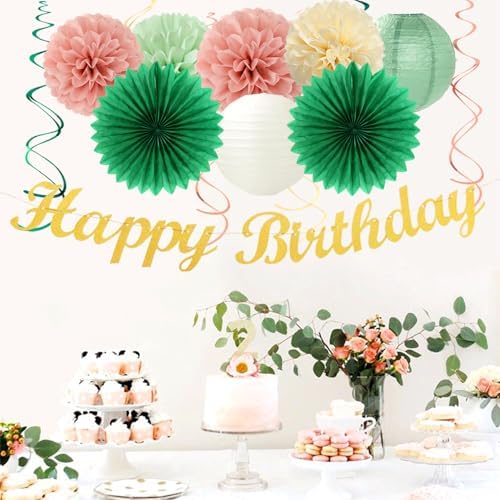 Olive Sage-Green Beige Happy-Birthday Party-Decorations - 31pcs Women Girls Adults Paper Lanterns Streamers Banner,Tissue Pom Poms Decor,Flower Fans Tassels Graland Boho Neutral Supplies Hugmoon - Image 2