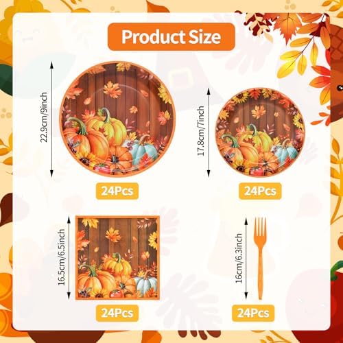 96 Pieces Thanksgiving Pumpkin Tableware Set Party Supplies - Rustic Wood Grain Disposable Dinnerware with Paper Plates, Napkins, Forks for Fall Harvest, Friendsgiving, and Thanksgiving Dinner - Image 2