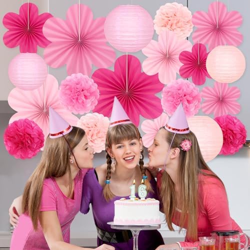 19 Pcs Pink Party Decorations, Light-Hot Pink Hanging Paper Lanterns, Paper Flowers Fans, Tissue Pom Poms, Floral Backdrop Wall Decor for Birthday Baby Showers Bridal Wedding Valentines Classroom - Image 5