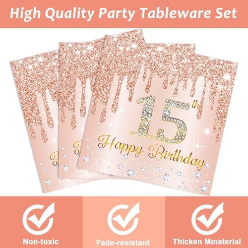 96Pcs 15th Birthday Party Plates and Napkins for 15 Year Old Birthday Party Supplies Rose Gold Paper Dessert Plates 15th Birthday Tableware Set for Girls Women 24 Guests Party Decorations - Image 4