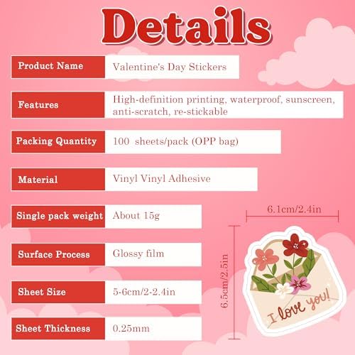 OHOME Valentines Stickers - 100 PCS Heart Stickers for Kids Classroom School - Valentines Day Crafts Gifts Treats Decor Cards Scrapbooking Decorations Supplies - Valentine's Party Favors - Image 6