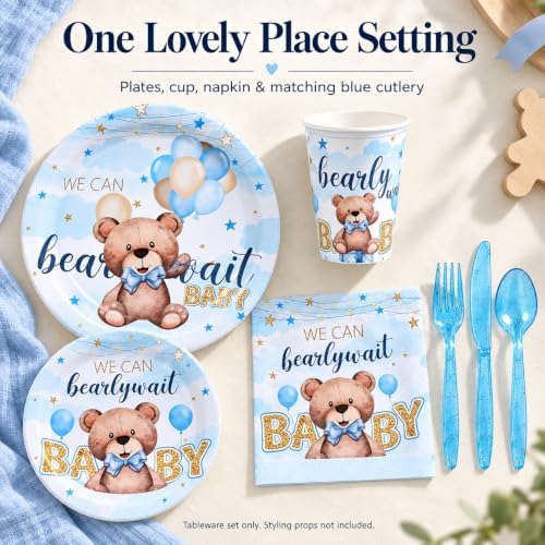 350pcs Bear Baby Shower Decorations for 50 Guests Party Supplies for Boy Include Paper Plate, Napkin, Cup and Disposable Plastic Tableware - Image 2