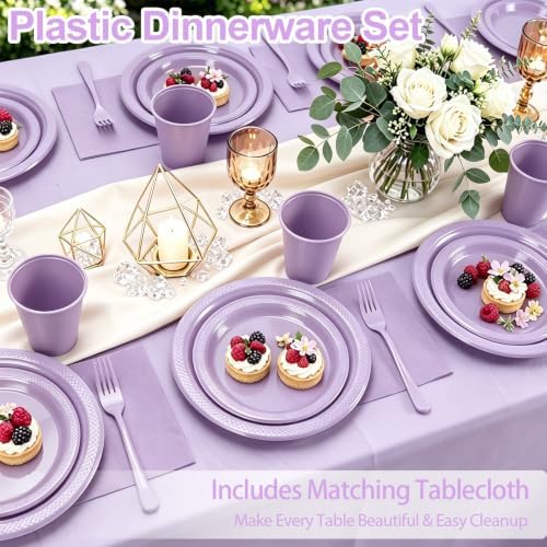 Lavender Plastic Party Plates 50Guests Disposable Purple Plates&Napkins Set - Image 2