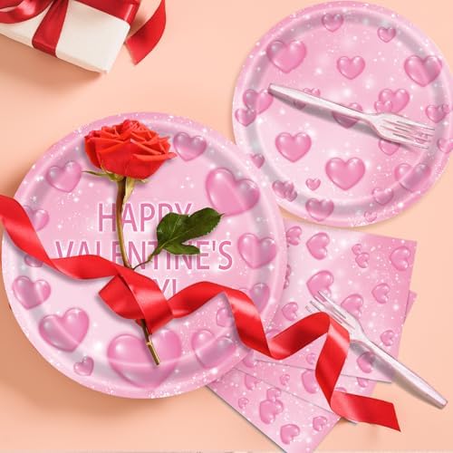 96 Pieces Valentine’s Day Tableware Set – Pink Heart Disposable Plates and Napkins for Romantic Dinners, Weddings, Anniversaries, and Valentine Parties – Serves 24 Guests - Image 4