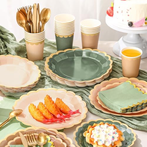 Mimorou 169 Pcs Sage Green and Brown Plates Napkins Cups Flatware Set - Image 2