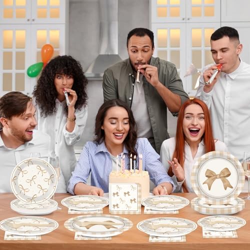 CHUNNIN 96Pcs Beige Plaid Bow Plates and Napkins Party Decorations Bow Theme Dessert Paper Plates Napkins Forks Birthday Tableware Set for 24 Guests Girls Boys Baby Shower Picnic BBQ Party Supplies - Image 6