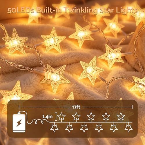 Star String Lights Twinkle Lights Battery Operated, 17 ft 50 LEDs Classroom Decor Fairy Lights, String Lights Battery Powered for Kids Bedroom Wedding Mantel Patio Dorm Decor, Warm White - Image 6