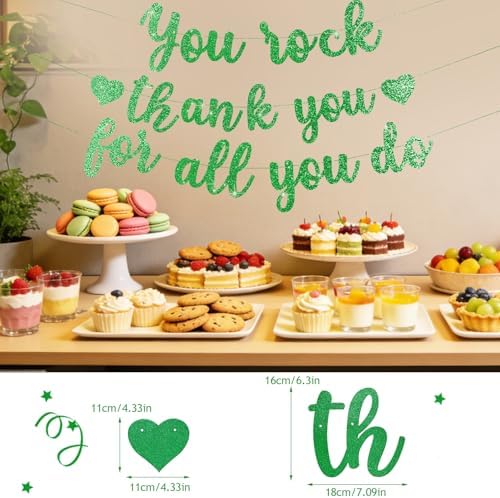 Pre-Strung You Rock Thank You For All You Do Banner - Glitter Employee Appreciation Decorations, Staff Teacher Nurse Recognition Party Supplies, Retirement Office Decor Sign, Large Cardstock Garland (Green) - Image 4
