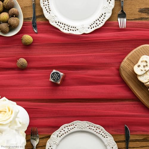 Artoid Mode Red Gauze Table Runner 120 Inch 10FT, Seasonal Sheer Kitchen Dining Holiday Wedding Birthday Baby Shower Table Decor for Home Party - Image 2