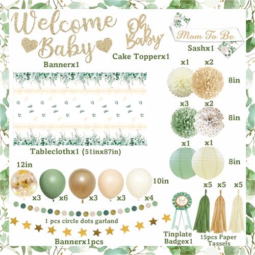 Sage Green Baby Shower Decorations Gender Neutral Baby Shower Decorations Welcome Baby Banner Sage Green Balloons Paper Lanterns Pom Poms Flowers Tablecloth Tassels Mom to Be Sash Dad to Be Pin - Image 2