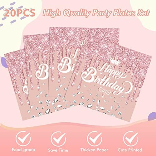 41Pcs Rose Gold Birthday Party Decorations - Pink Rose Gold Theme Supplies - Includes 20 Plates, 20 Napkins and 1 Tablecloth for Girls Women - Image 5