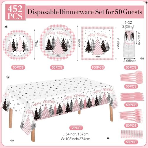 Funnymoom 452 Pcs Pink Christmas Party Decoration for 50, Buffalo Plaid Gingham Pink Xmas Tree Paper Plates Napkins Cups Tablecloth Cutlery Straws for Friendsmas Holiday Baby Shower Party Supplies - Image 3