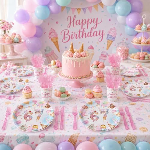 120PCS Ice Cream 7th Birthday Party Supplies, Pastels Sweet Treats I Was 6 Now I'm 7 Tableware Set, Girls Summer Birthday Decoations Disposable Paper Plates Napkins Cups Knives Forks for 20 Guests - Image 4