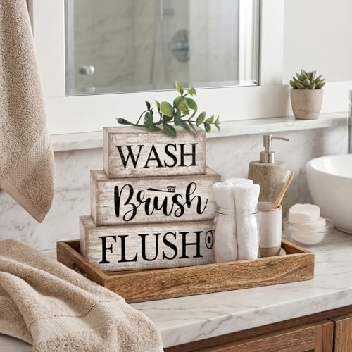 Moucuny 3 Pcs Bathroom Decor Wooden Block Signs Farmhouse Rustic - Image 2