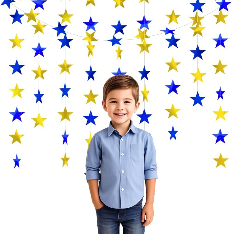 Blue Gold Shining Star Hanging Garland Blue Gold Hanging Sparkling Star Streamer Glitter Bunting Banner Twinkle Backdrop for Wedding Baby Shower Birthday Christmas Decorations 40 Feet - Image 4