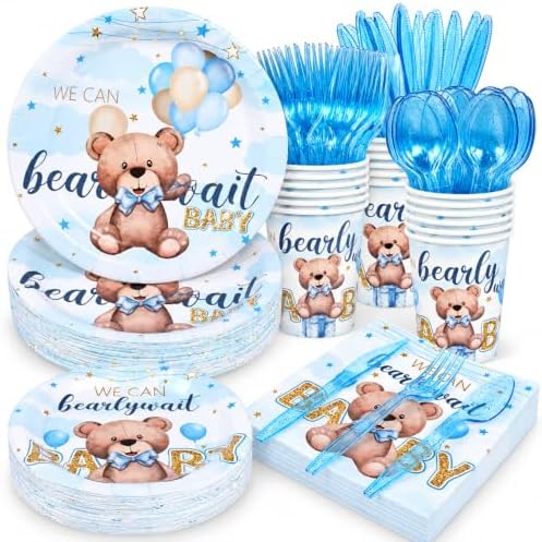 350pcs Bear Baby Shower Decorations for 50 Guests Party Supplies for Boy Include Paper Plate, Napkin, Cup and Disposable Plastic Tableware by Yaniio