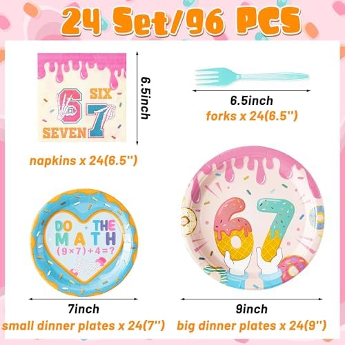 GaofanWai Ice Cream Drip 7 Tableware - 24 Pack Desert Donut Disposable Paper Plate Napkin Fork Six Seven Themed Birthday Party Tableware for Kids, Funny 6 7 Meme Party Decoration for Girl, 24 Guests - Image 2