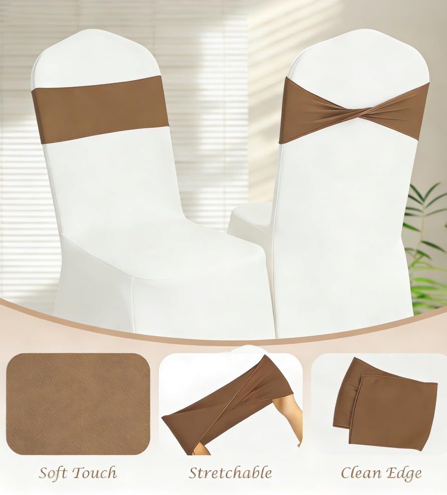 Spandex Brown Chair Sashes Bows 60 Pcs Brown Chair Sashes Elastic Chair Cover Bands Ties Without Buckle for Wedding Birthday Party Ceremoney Events Decoration - Image 3