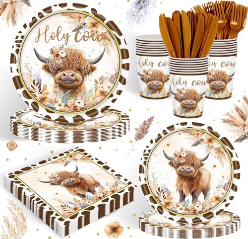 120PCS Boho Highland Cow Party Supplies for Boys girls Holy Cow Highland Themed Baby Shower Birthday Party Decorations Tableware Set Plates Napkins Cups Set for 20 Guests by REJOICEBUNNY