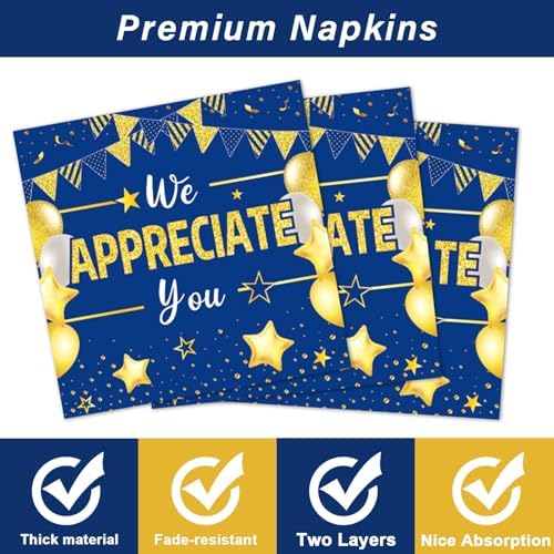 96Pcs We Appreciate You Party Plates and Napkins for Employee Staff Appreciation Blue Gold Supplies Work Anniversary Themed Plate Thank You Tableware Set for Teacher 24 Guests Party Decorations - Image 4