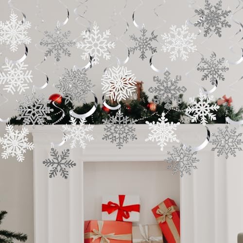 Snowflake Decorations, Christmas Hanging Decor, White Silver, 48-Pc - Image 2