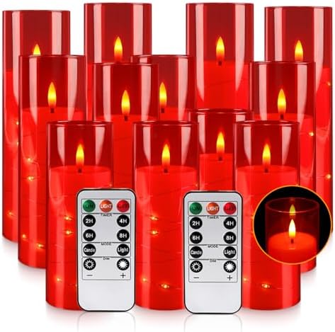 12‑Pack Red Flameless LED Candles(D 2.2" xH 5" 6" 7") with Embedded String Lights,Acrylic Pillar Candles with 2 Remote Timers, Battery‑Operated for Christmas, Halloween & New Year Decor. by CAKETYCG