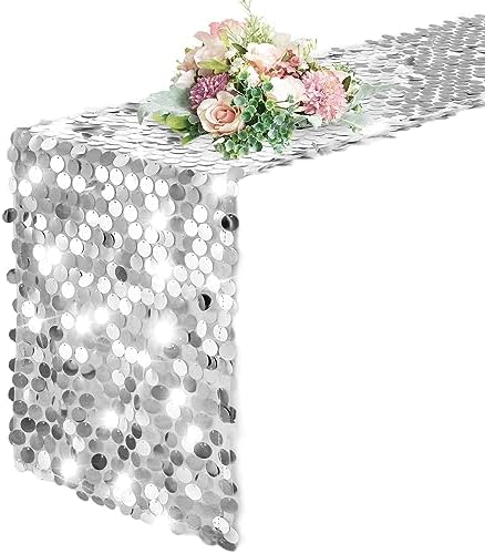 Pufogu 12 x 108 Inch Sequin Table Runner, Silver Glitter Premium Big Sequin Table Runner, Rectangle Table Runners for Halloween, Christmas, Wedding Party, Birthday Party, Banquet Decor (1 Pack). by Pufogu