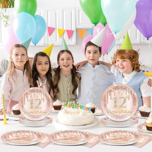 96 Pcs Rose Gold 12th Birthday Party Plates and Napkins for Girls Rose Gold Party Supplies Pink Happy 12 Years Birthday Party Tableware Set for 24 Guests Party Decorations - Image 5