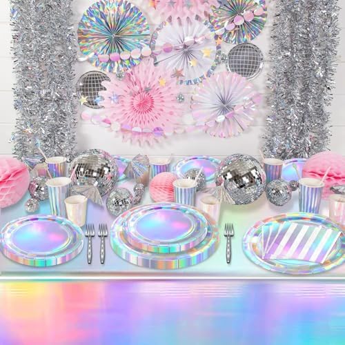 Iridescent Party Supplies for 20 Guests, Disposable Iridescent Tableware Set Includes Holographic Paper Plates, Napkins, Forks, Tablecloth for Birthday Mermaid Themed Party Decorations Wedding - Image 7