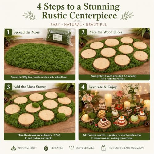 10 Wood Slices with Faux Moss, Moss Table Decor Centerpiece Kit - Image 4