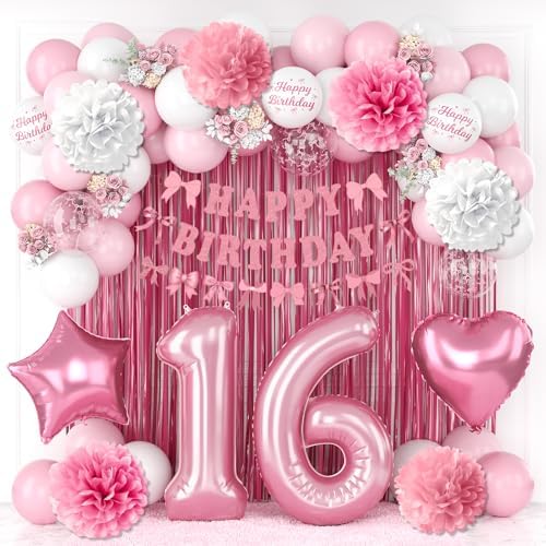 16th Birthday Decorations Girls Pink Number 16 Balloon Bow Coquette Party by KAINSY