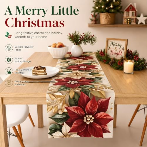 Christmas Decorations - Elegant Red White Poinsettia Gold Leaf Table Runner - Image 2
