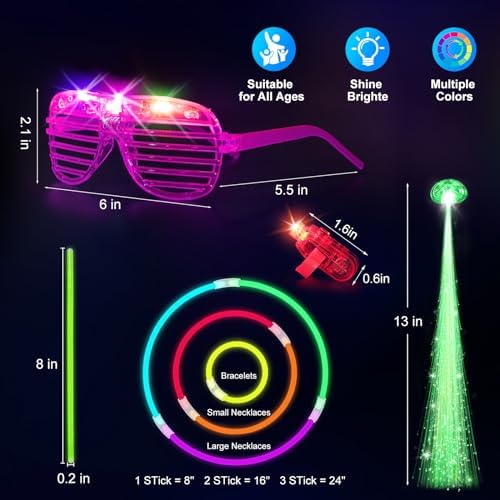 SHQDD 158 PCS Glow in the Dark Party Supplies, 14PCS LED Glasses, 30LED Finger Lights,14LED Light Hairs and 100PCS Glow Sticks Bracelets, Neon Party Favors for Wedding, Concert, 4th of july, Halloween - Image 3