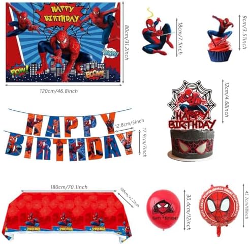 51PCS spidey birthday party supplies, backdrop, "Happy Birthday" banner,tablecloth, large aluminum balloon, small aluminum balloons, latex balloons, cake topper,cupcake toppers, hanging swirls - Image 2