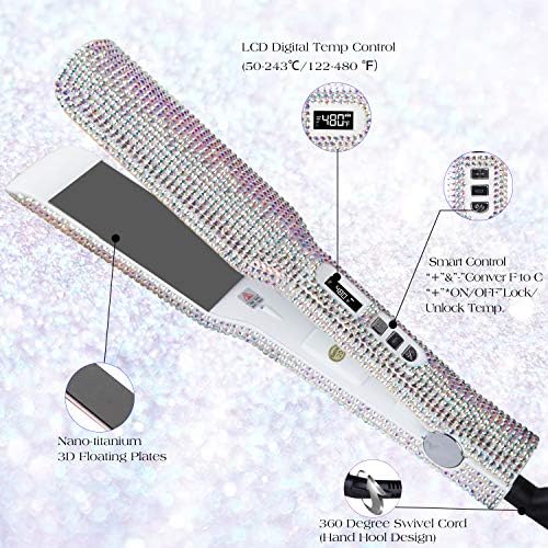 DORISILK Crystal Diamond Titanium Hair Straightener, 2 Inch Rhinestone Flat Iron, Dual Voltage Straightening Irons, Instant Heat-up 480°F Quick Styling, LCD Display, Gorgeous Rhinestone (AB Shine) - Image 2
