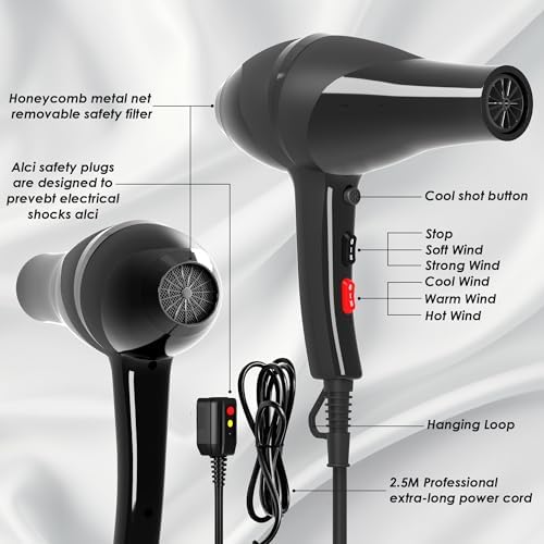 Hair Dryer, Professional Ionic Blow Dryer with Diffuser for Curly Hair,2400W Powerful Fast Drying Hairdryer Blowdryer for Women Men Home Salon Hair Styling,Constant Temp Low Noise - Image 5