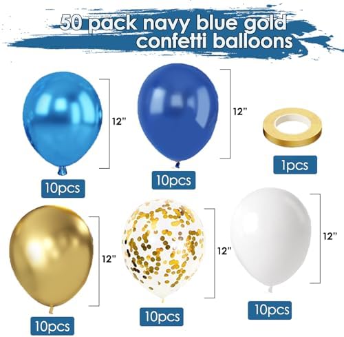 Navy Blue Gold White Balloons 50 PCs 12 Inch - Image 2