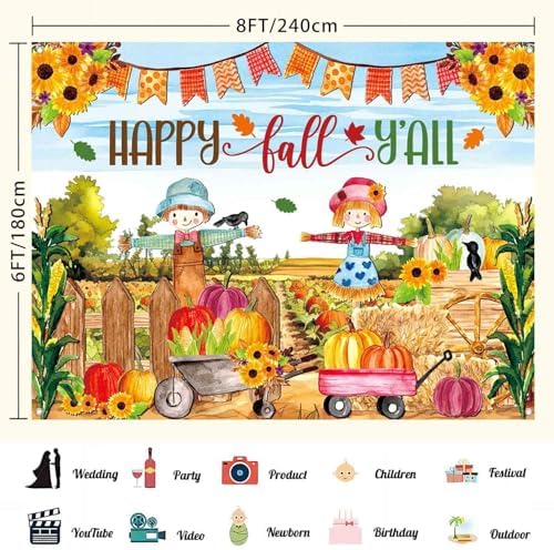 8x6ft Happy Fall Thanksgiving Backdrop Banner Pumpkin Patch Photography Background for Kids Fall Festival Party Decorations Photo Booth Backdrop Wall Decor Indoor Outdoor - Image 3