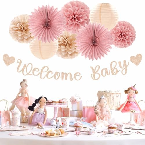 Blush-Pink Rose-Gold Fall Baby-Shower Party-Decorations - 31pcs Welcome Home Banner Sign,Neutral Paper Lanterns,Girl Streamers Garland,Boho Hanging Tissue Pom Poms Flowers Fans Backdrop Decor Burgleda - Image 4