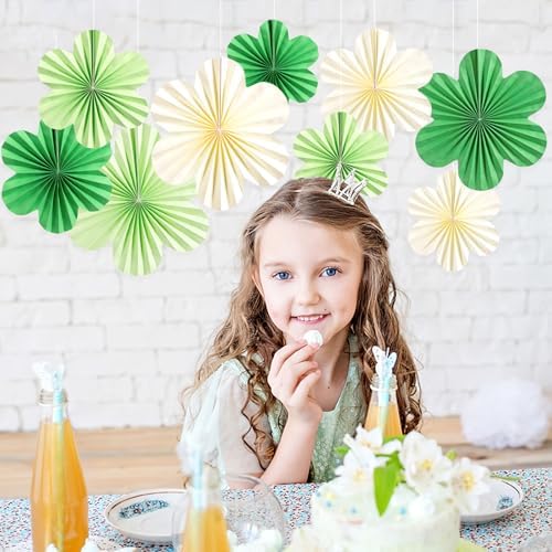 SUNBEAUTY Green Paper Flowers Decorations for Wall, Spring Summer Paper Fans Decor, Classroom Decor Paper Floral Backdrop Paper Flowers Decoration Hanging Paper Fans Green Flower Wall Decor, Set of 9 - Image 4