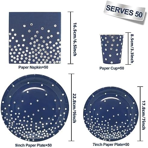 200pcs Blue and Silver Party Deorations Birthday Plates Disposable-Serve 50 Guests,Navy Blue Plates and Napkins Party Supplies for Wedding Anniversary Retirement Graduation Decorations - Image 2